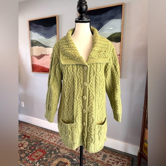 Aran Crafts Green Cable Wool Knit Sweater Cardigan - Picture 2 of 14